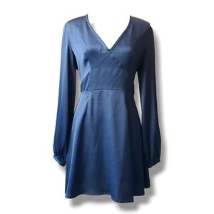 ANTHROPOLOGY The Fifth Label Mini V-neck Long Sleeve Dress in Deep Blue